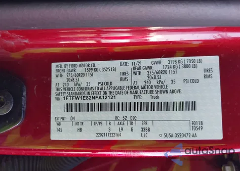 2022 Ford F-150 Lariat z USA, uszkodzony, nr VIN 1FTFW1E82NFA12121